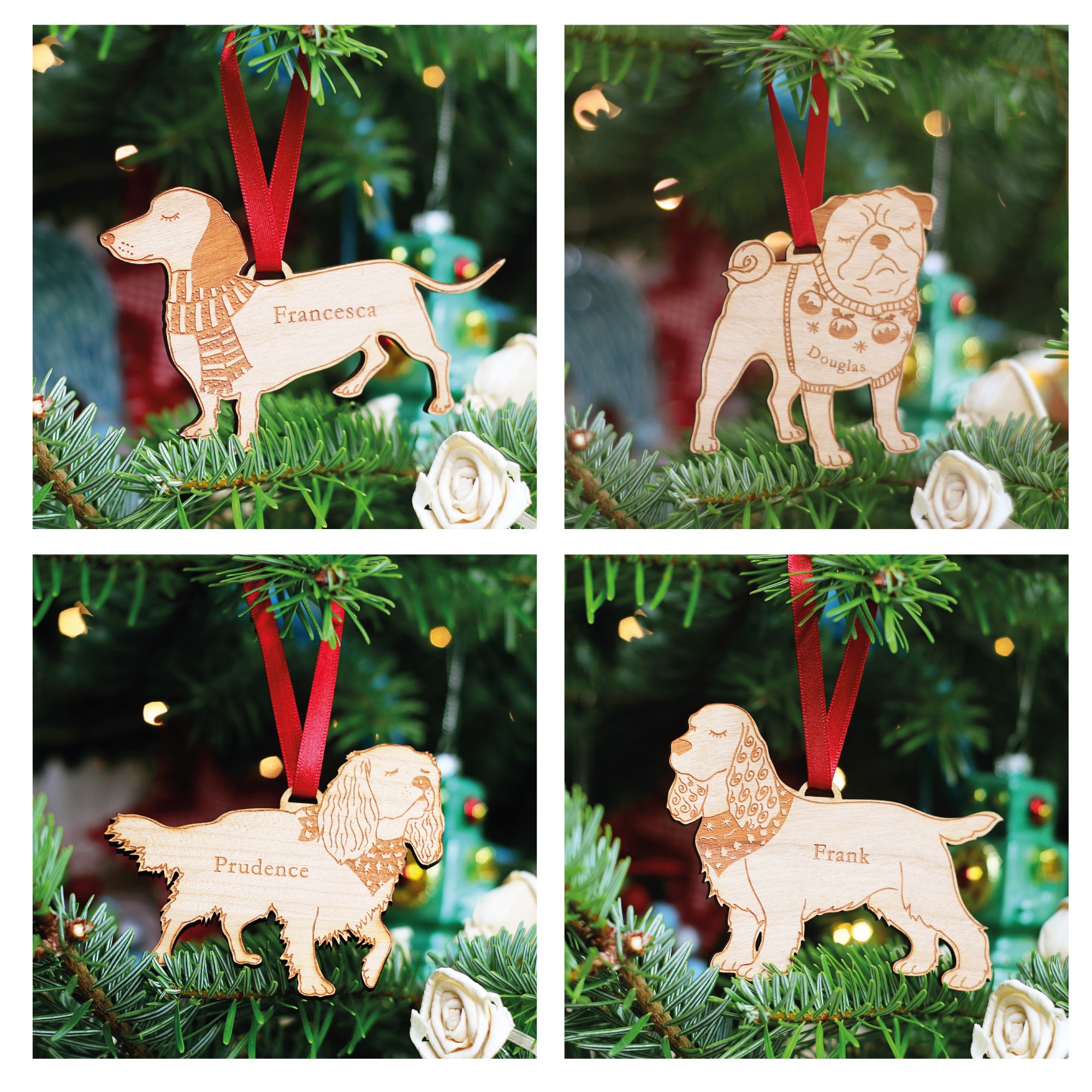 Dachshund sausage dog, Pug, Cocker Spaniel, Basset Hound, Four dog shaped wooden laser cut Christmas ornaments personalised bauble hanging on a tree with pet lovers gift names engraved.