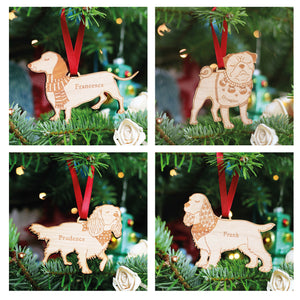 Dachshund sausage dog, Pug, Cocker Spaniel, Basset Hound, Four dog shaped wooden laser cut Christmas ornaments personalised bauble hanging on a tree with pet lovers gift names engraved.