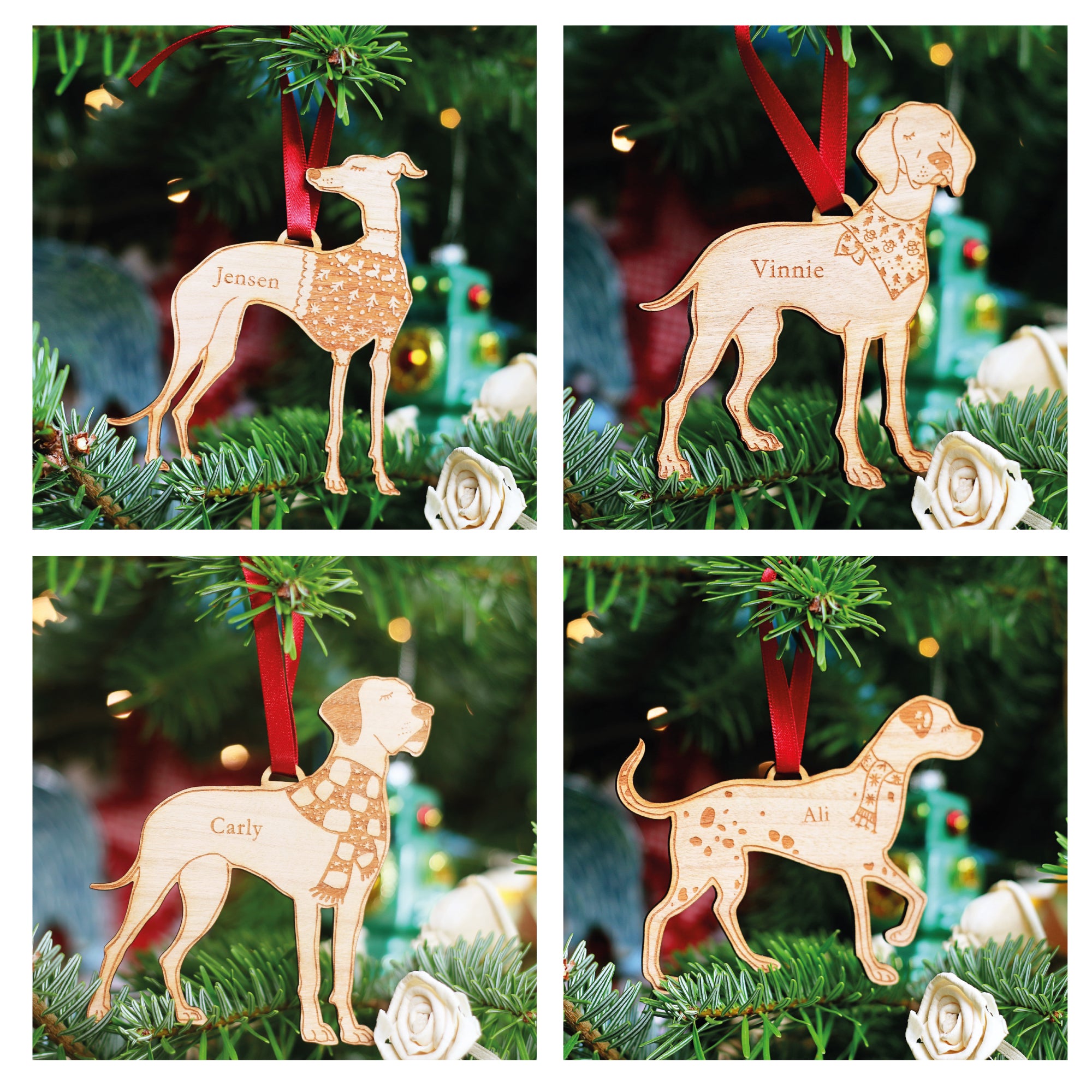 Whippet, Hound, Greyhound, Great Dane, Shepherd, Doberman, Dalmatian, wooden Christmas bauble for Christmas tree gift. Strung each with a red ribbon hung on a real Christmas tree. Each festive decoration has space for a personalised pet name to be engraved making for a perfect pet lovers or secret Santa gift. 