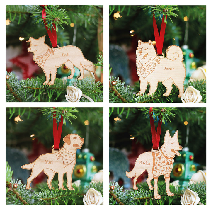 Saluki, Samoyed, Husky, Cattle Dog, Shepherd, Border Collie, Golden, Labrador Retriever, Malamute, wooden personalised Christmas tree pet decoration with unique laser engraved pet names. Strung on a Christmas tree with red ribbon. 
