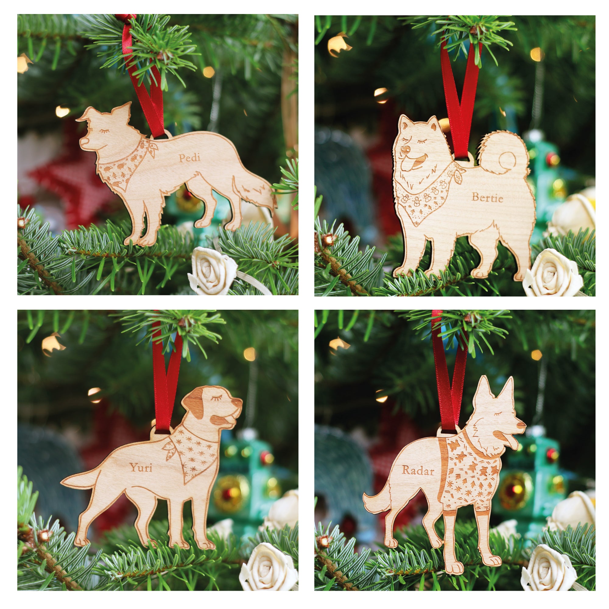 Saluki, Samoyed, Husky, Cattle Dog, Shepherd, Border Collie, Golden, Labrador Retriever, Malamute, wooden personalised Christmas tree pet decoration with unique laser engraved pet names. Strung on a Christmas tree with red ribbon. 