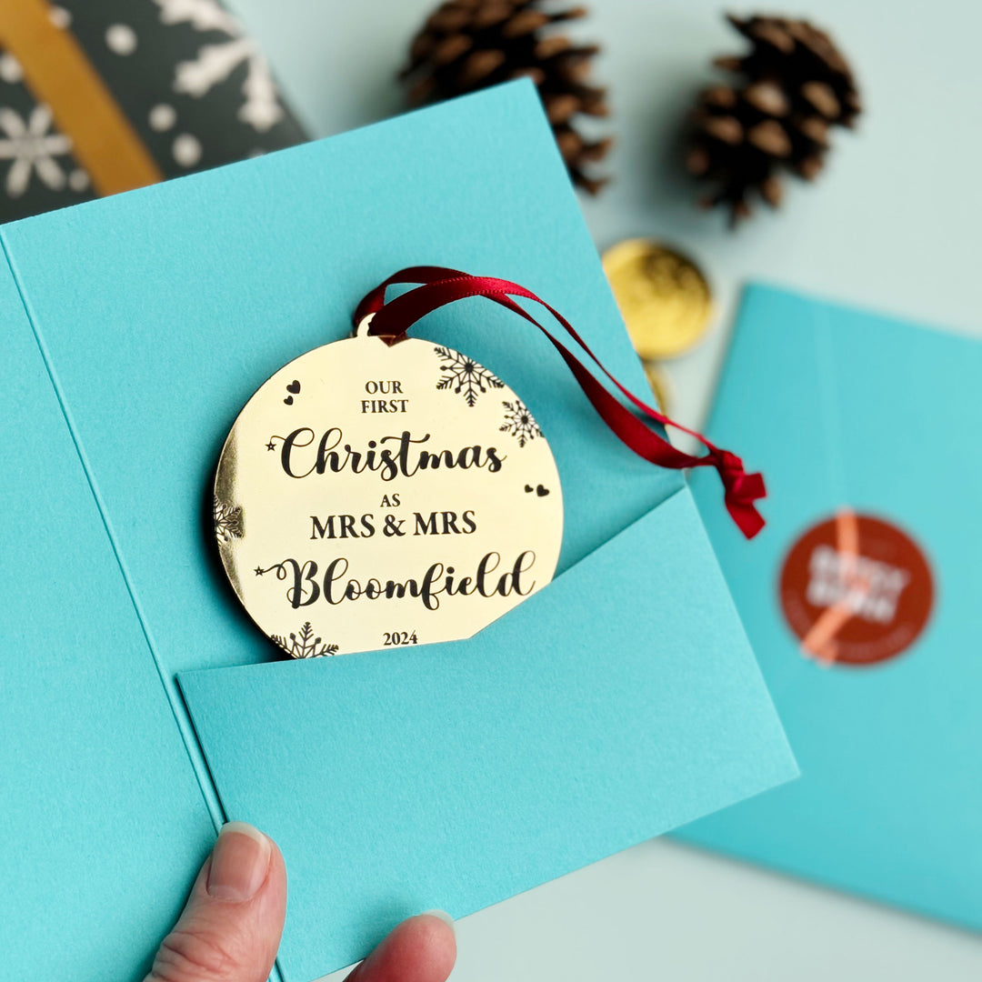 First married Christmas tree bauble, wedding keepsake in metallic gold.