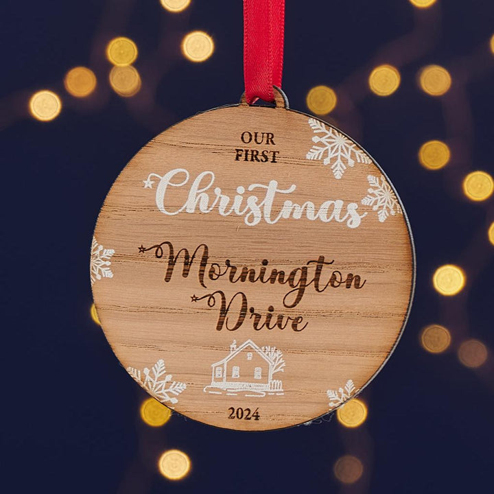Rustic oak veneer new home Christmas decoration for holiday tree.