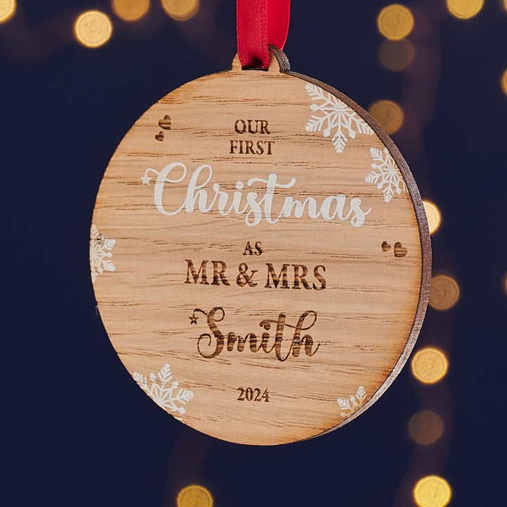 Romantic first Christmas together wooden tree bauble gift.