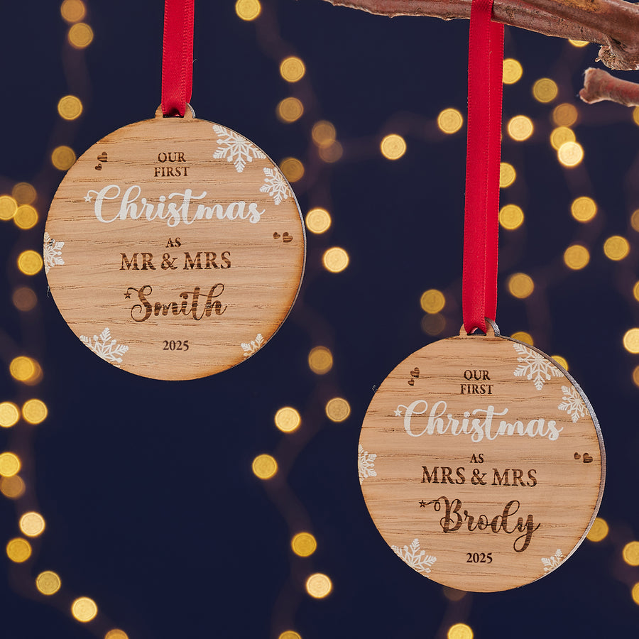 Personalised wooden Christmas bauble for a couple’s first Christmas together.