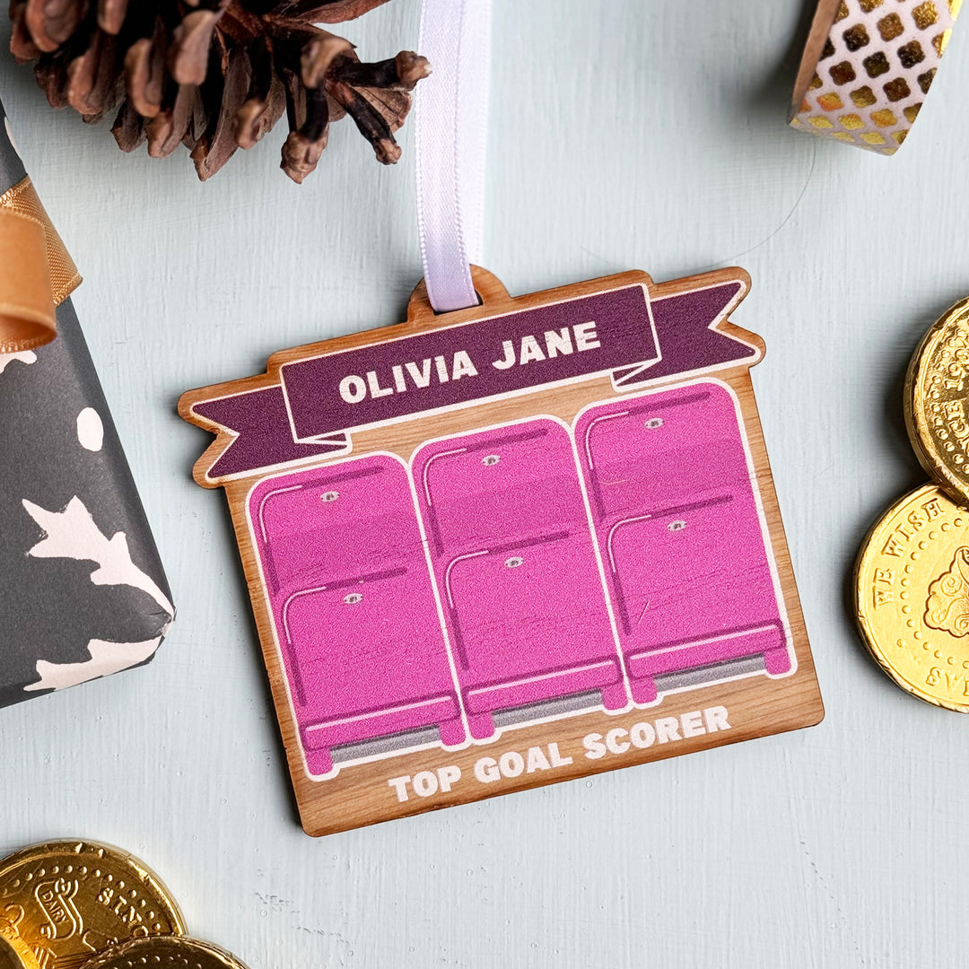 Rugby stadium personalised wooden ornament, rustic Christmas gift idea for frequent goers.