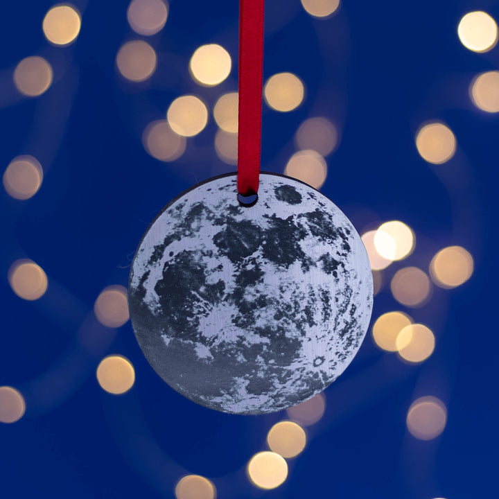 Lunar-themed Christmas ornament with real NASA moon imagery.