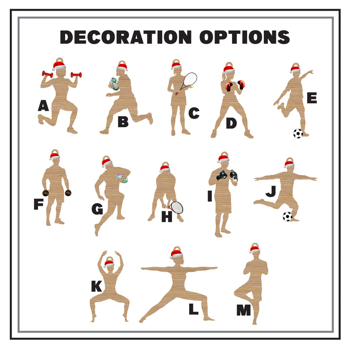 Sport options for customisable wooden Christmas tree decoration bauble gift for sports fans, choose from 13 different exercise loving poses.