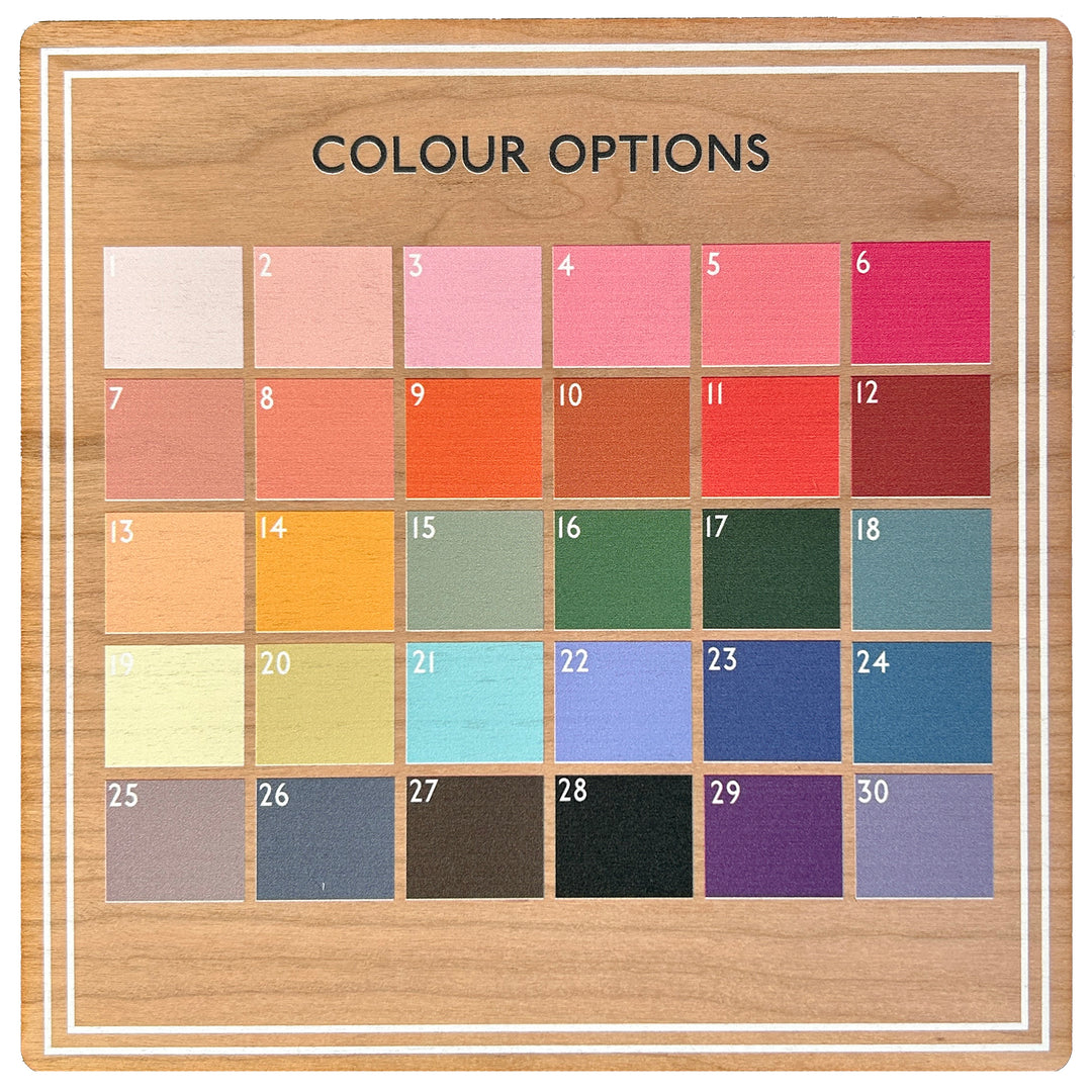 Colour selector for the wooden wall art hexagon. 30 different colour options.