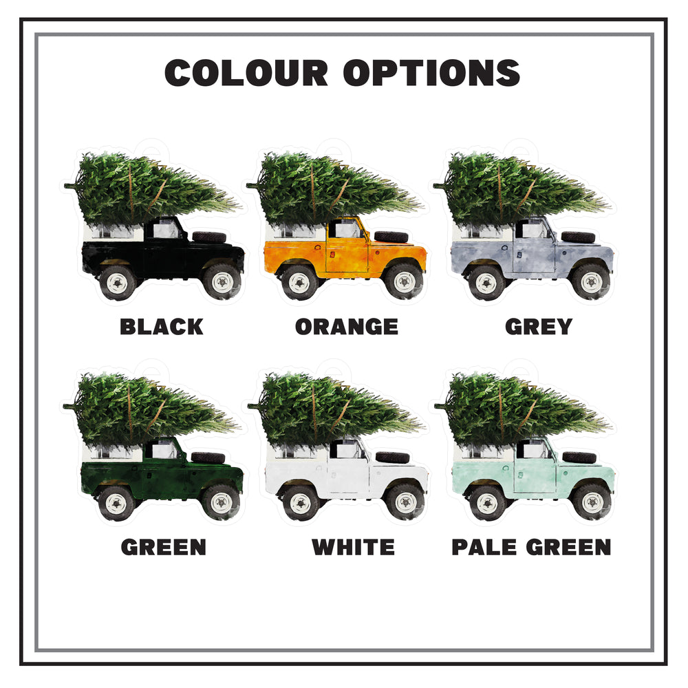 A range of different options of car colours, black, orange, grey, green, white, or pale green.