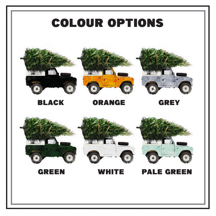 A range of different options of car colours, black, orange, grey, green, white, or pale green.