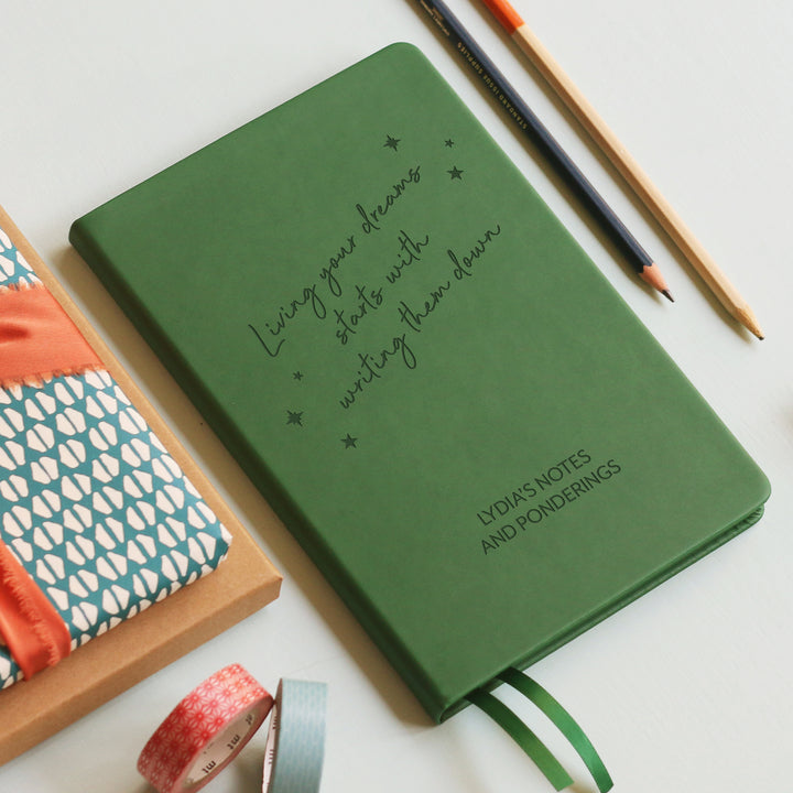A top down image of a dark green vegan leather notebook resting on a pale aqua table. The front of the notebook has the phrase “Living your dreams starts with writing them down” surrounded by stars. It is personalised with the text Lydia's Notes and Ponderings. Surrounding the book are various stationary items.