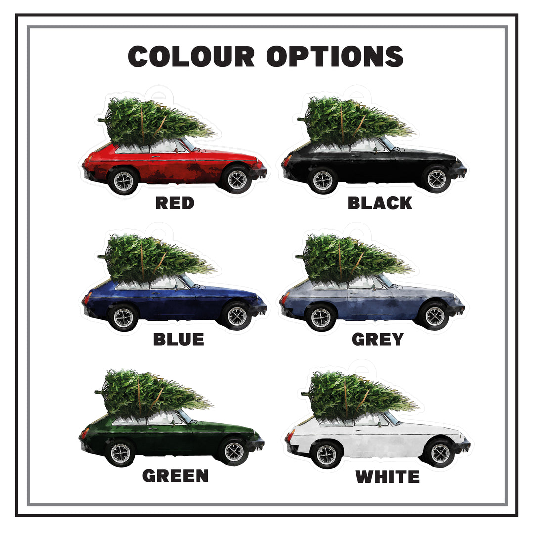 A list of the different colour options red, black, blue, grey, green. white MGs. 