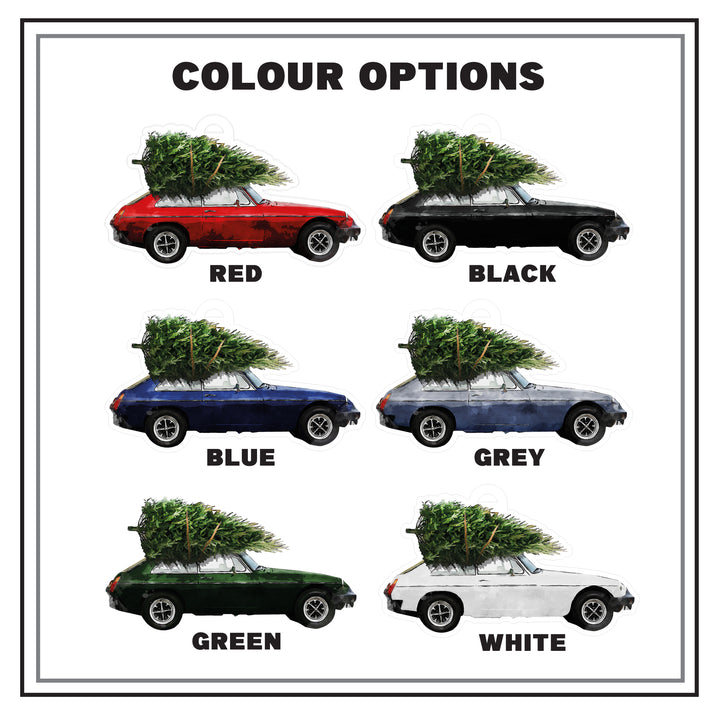 A list of the different colour options red, black, blue, grey, green. white MGs. 