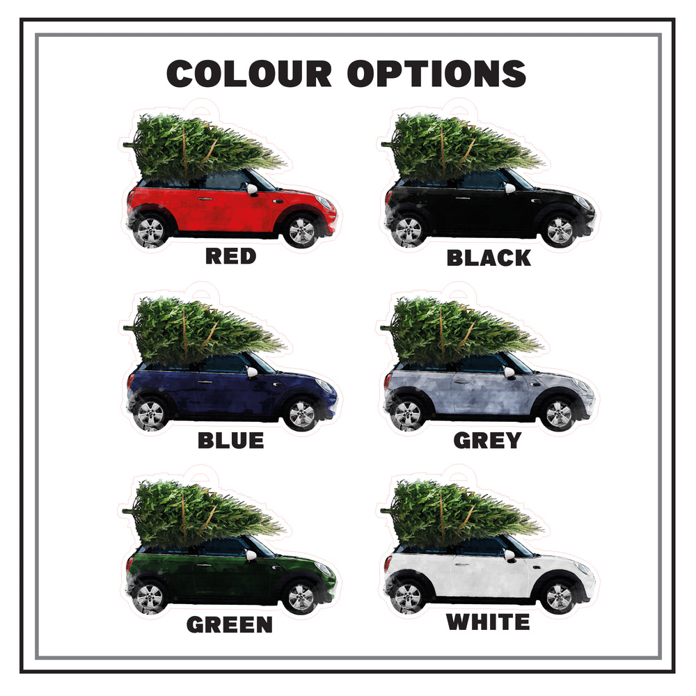 A list of the different car colours, red, black, blue, grey, green, white Minis.