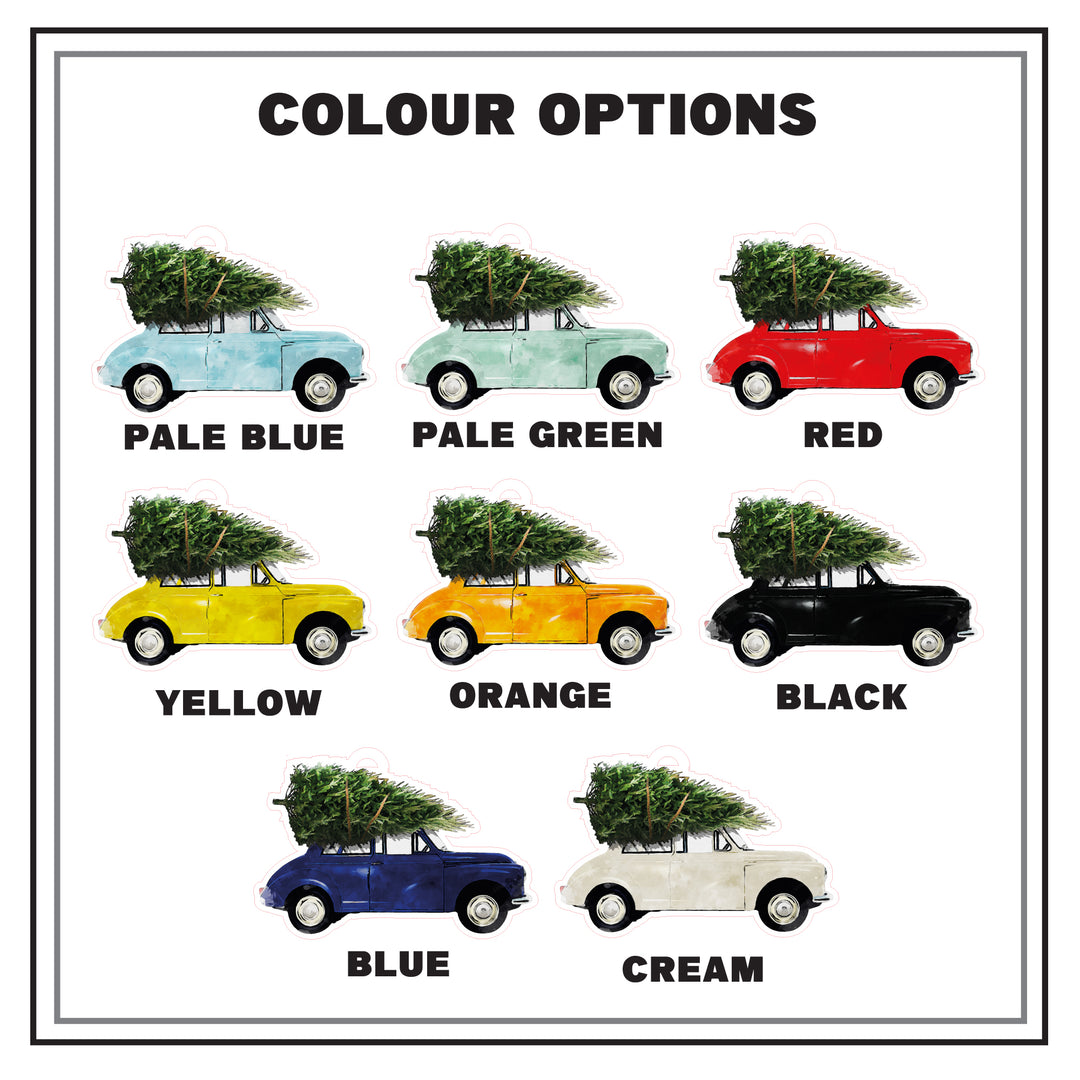 A list of the different colour options available, pale blue, pale green, red, yellow, orange, black, blue, cream Morris Minors.