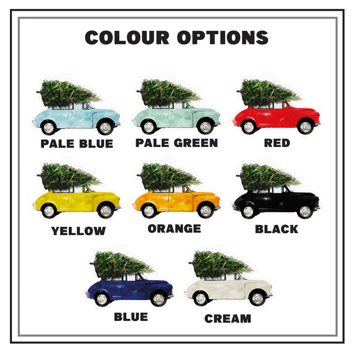 A list of the different colour options available, pale blue, pale green, red, yellow, orange, black, blue, cream Morris Minors.
