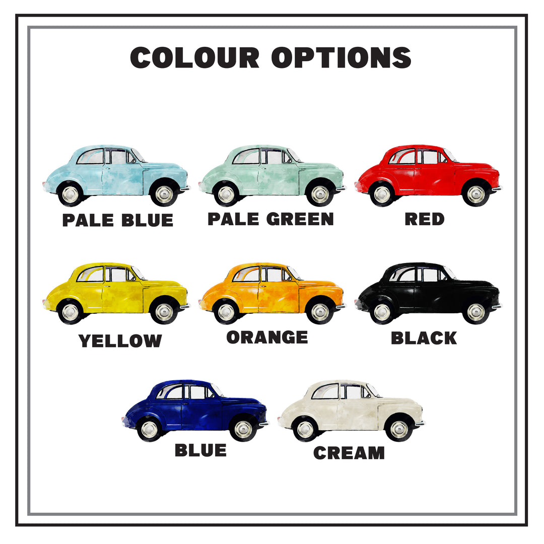 Colour options for Morris Minor personalised keychain cars displayed with corresponding colours in pale blue, pale green, red, yellow, orange, black, blue, and cream.