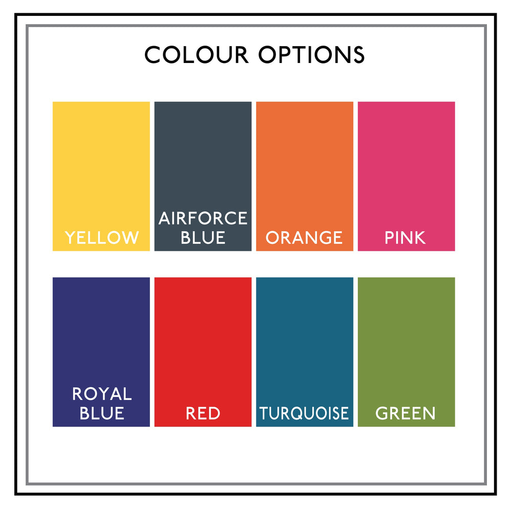 A colour swatch for the vegan leather card holder. Set on a white background. Available colours are yellow, airforce blue, orange, pink, royal blue, red, turquoise, and green. 