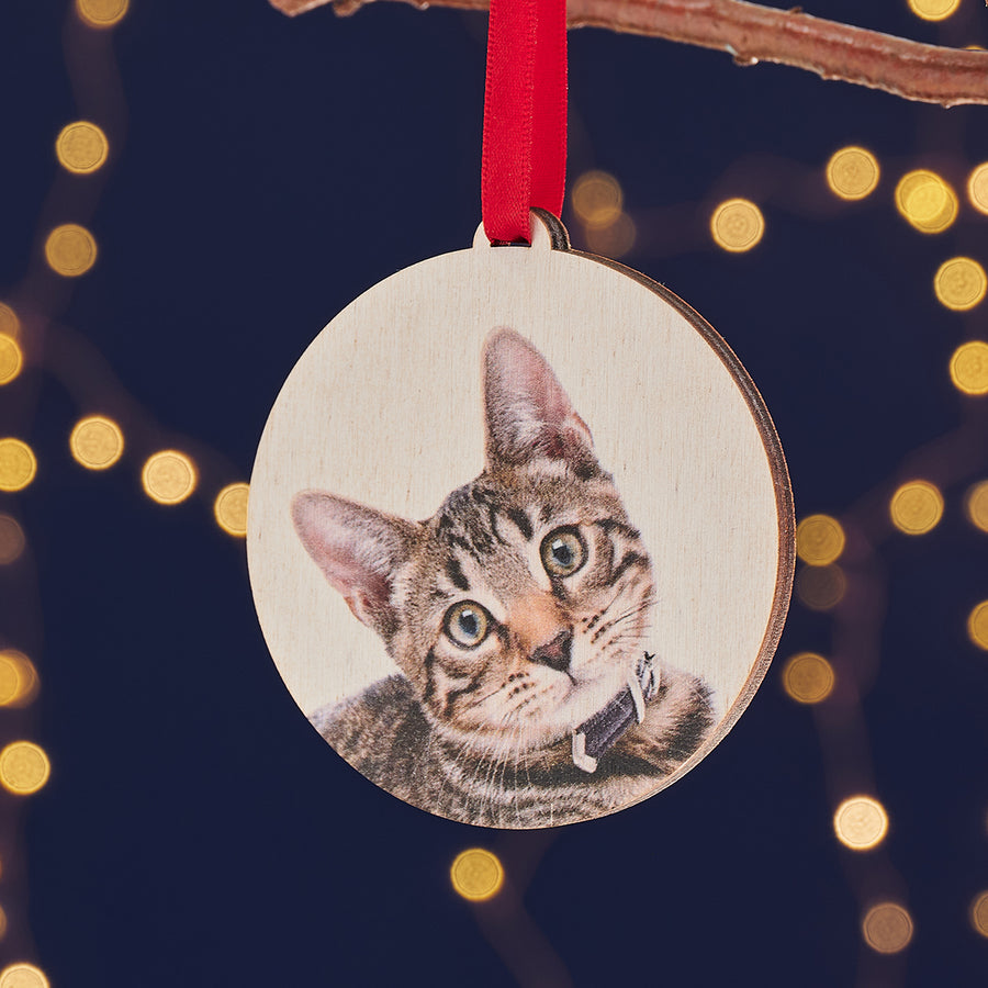 Personalised wooden bauble with cat design, perfect stocking filler.