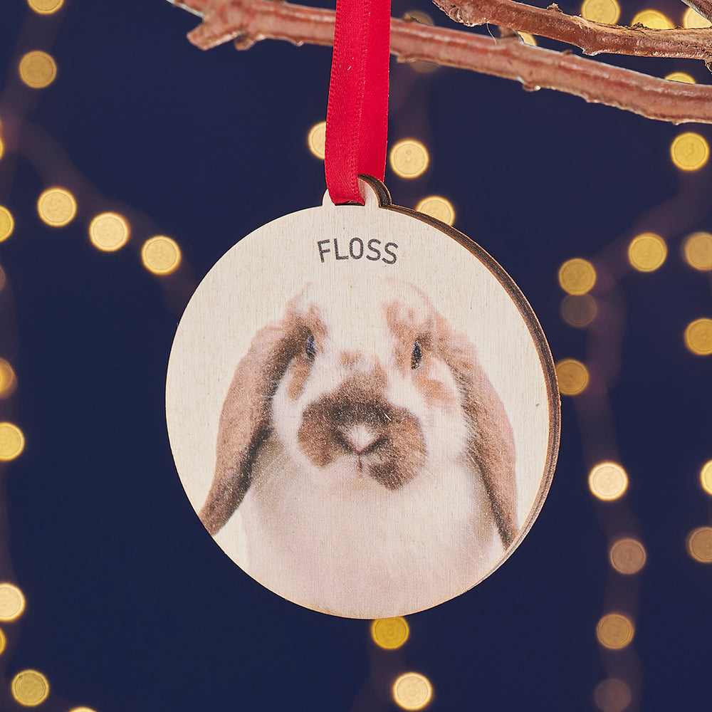 Personalised bunny Christmas bauble with engraved name on round wooden ornament.