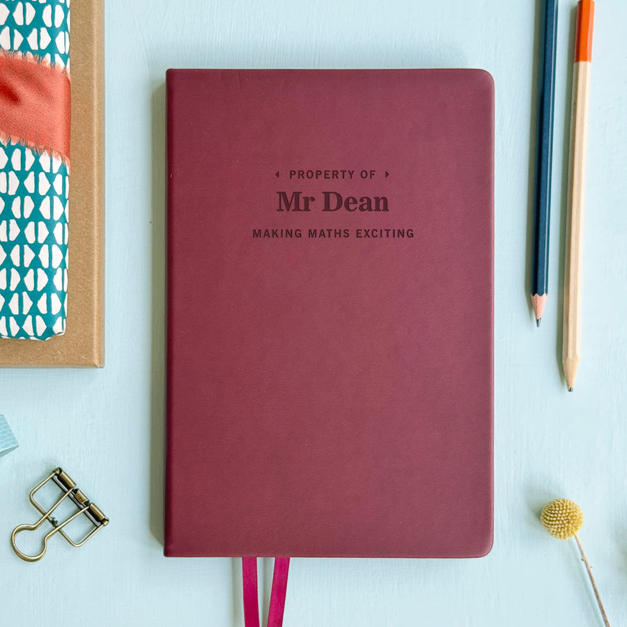 Maroon notebook with 'Property of Mr Dean Making Maths Exciting' text on a light blue background with stationery items.