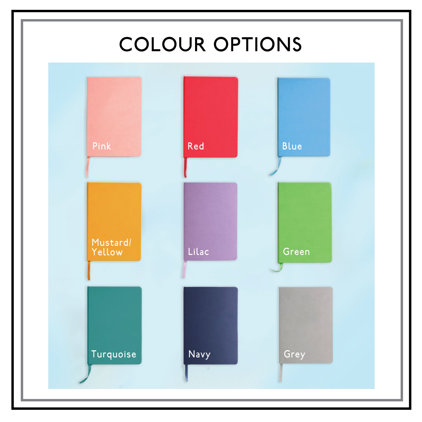 Colour options swatch for personalised vegan leather notebooks including pink, red, blue, mustard yellow, lilac, green, turquoise, navy and grey. Set on a pale blue background.