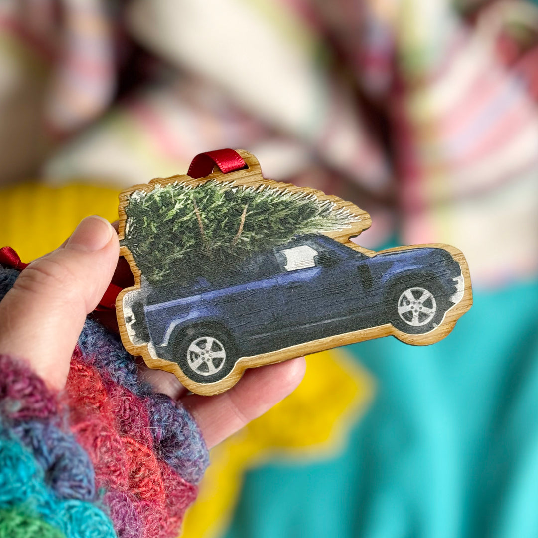 Cherry wood Range Rover Christmas bauble.