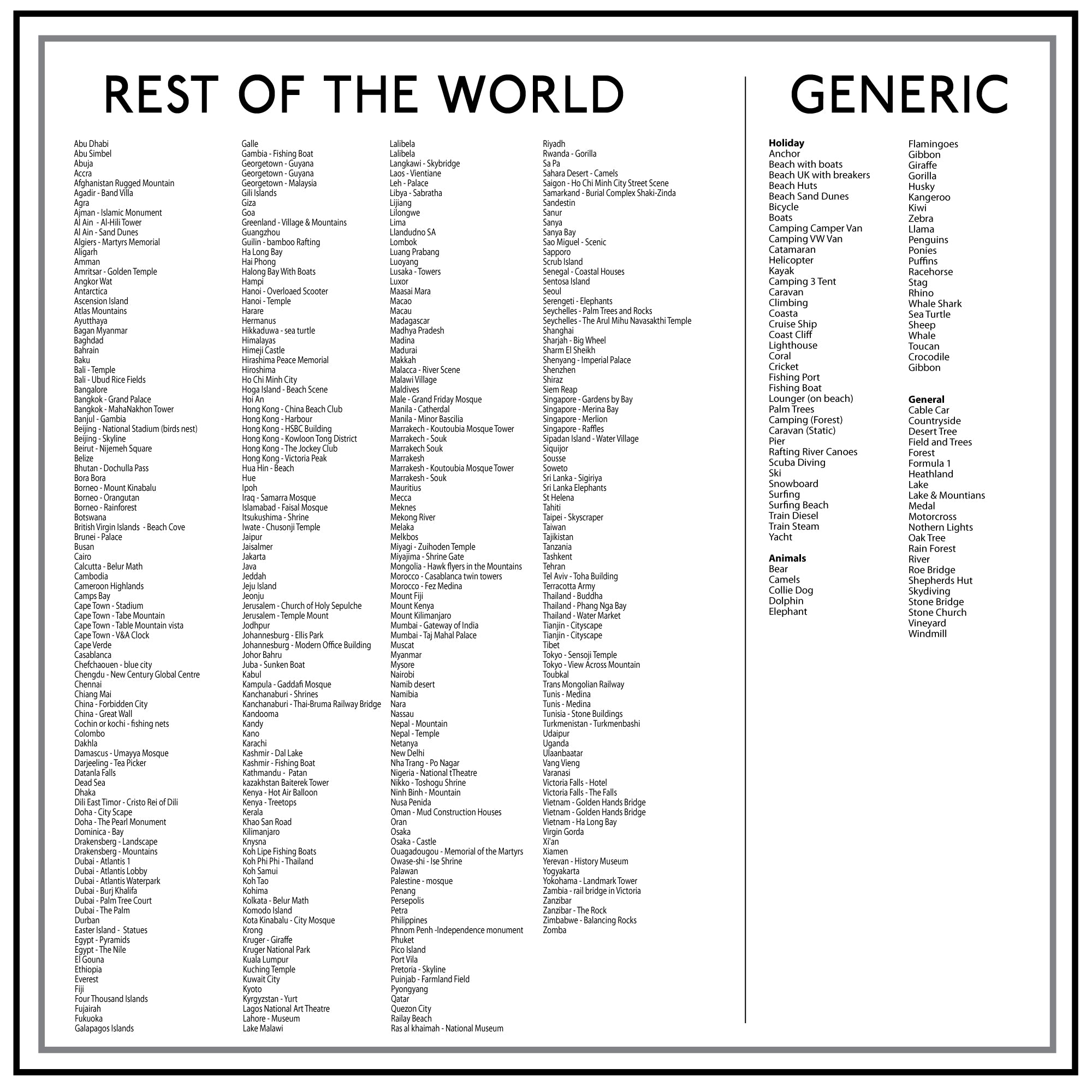 Image showing list of Rest of the World & Generic Destinations