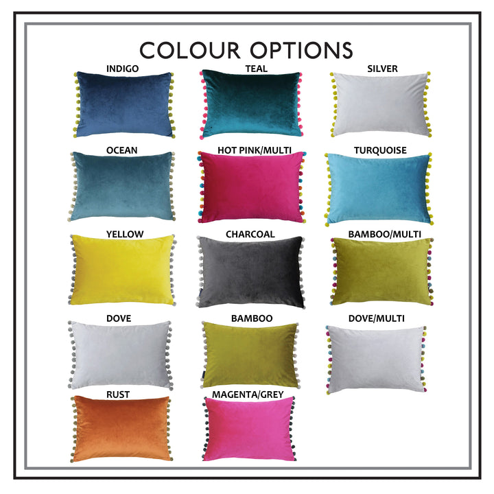 A color palette showing twelve different color options for a cushion with pom-poms. The colors include Indigo, Teal, Silver, Ocean, Hot Pink/Multi, Turquoise, Yellow, Charcoal, Bamboo/Multi, Dove, Bamboo, and Dove/Multi.