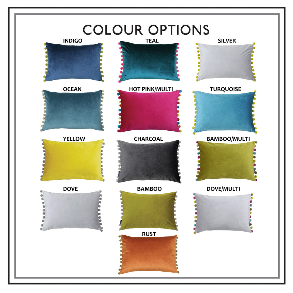 Colour options for 70th birthday home decor cushions, choose from indigo, teal, silver, ocean, hot pink/multi, turquoise, yellow, charcoal, bamboo/multi, dove, bamboo, dove/multi, & rust personalised cushion cover.