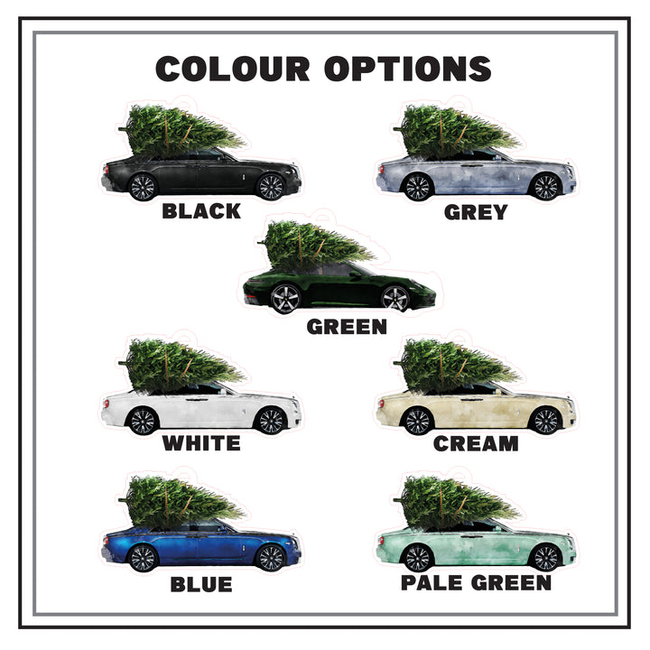 Black, grey, green, white, cream, blue, pale green Rolls Royce car lover wooden Christmas tree decoration colour options.