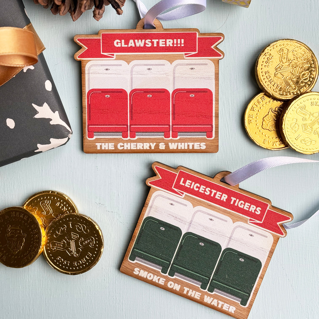 Rugby stadium personalised wooden ornament, rustic Christmas gift idea for fans or teams.