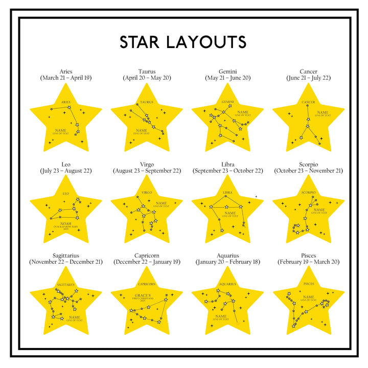 Star layouts personalised options for each zodiac sign on a white background, for constellation gift with custom name. 
