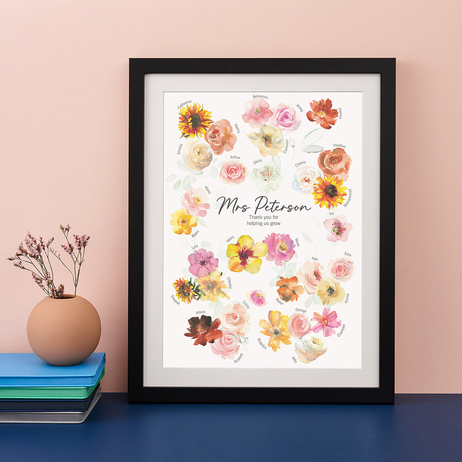 A framed teacher appreciation print featuring watercolor flowers and student names, displayed on a desk with a pastel background.