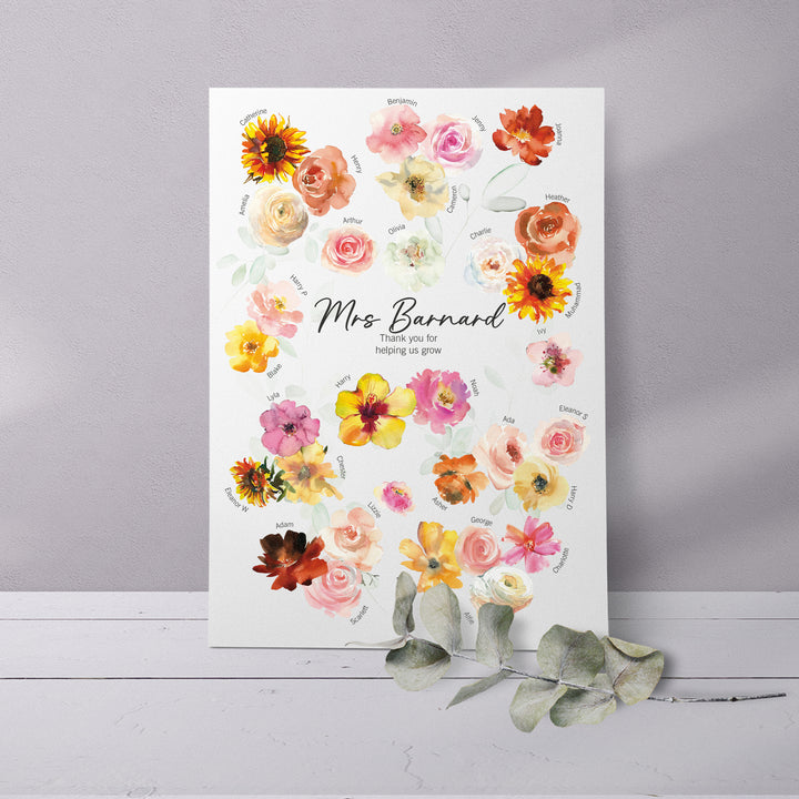 Unframed teacher appreciation print featuring watercolor flowers, each labeled with a student's name, centered around the text "Mrs. Barnard, Thank you for helping us grow."