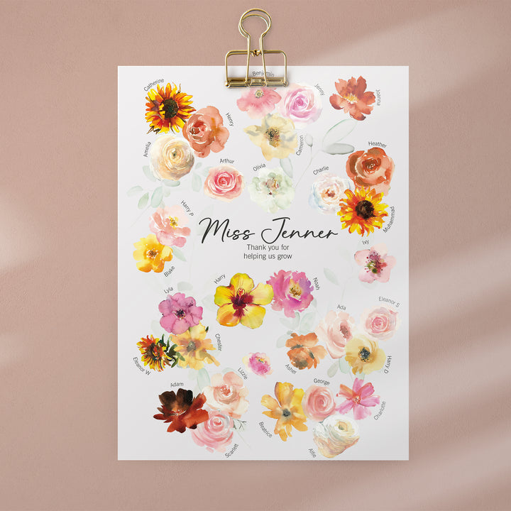 Unframed teacher appreciation print with watercolor flowers, each labeled with a student's name, centered around the text "Miss Jenner, Thank you for helping us grow."