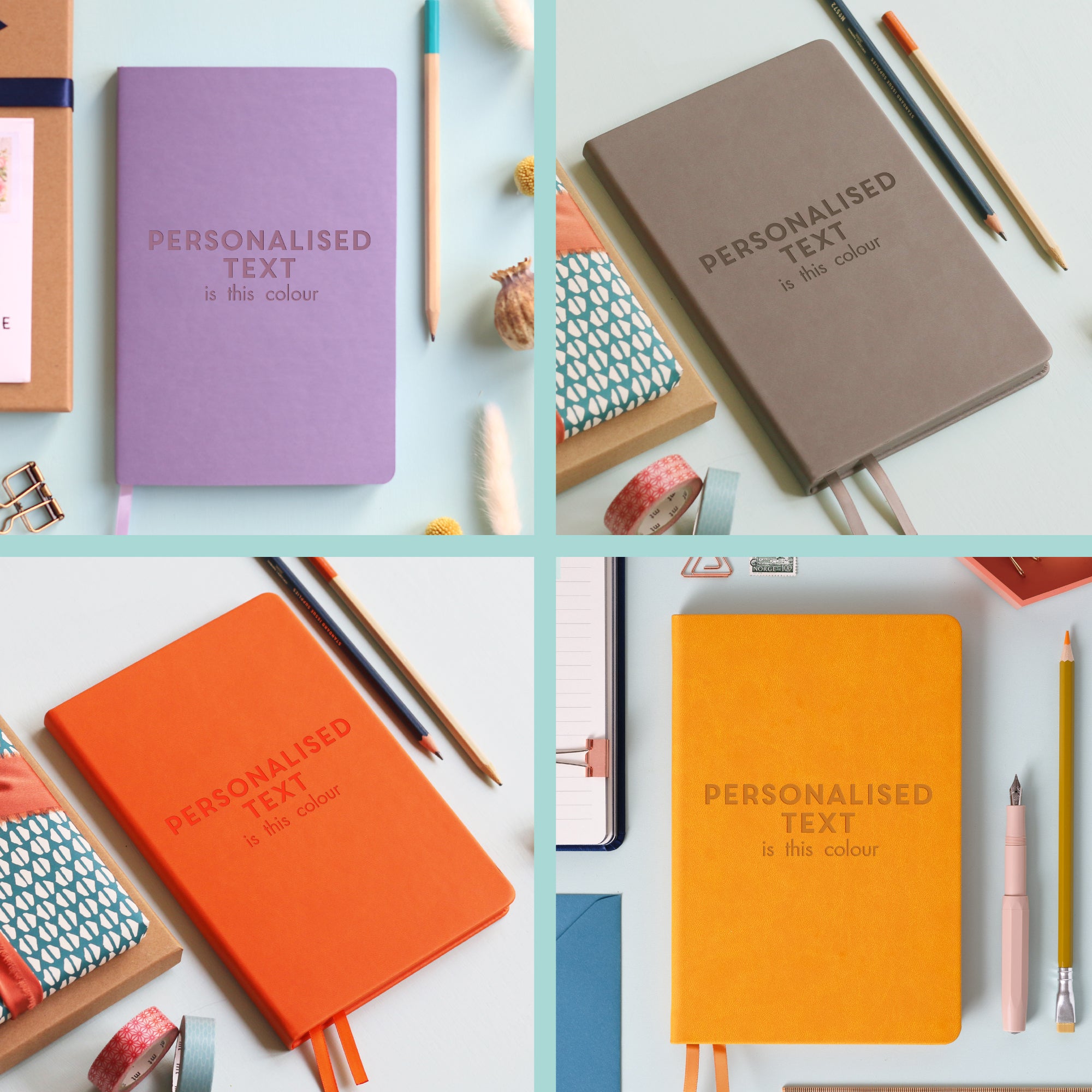 An image split into quarters. Each quarter contains a notebook image showing how the notebook will engrave in that colour.