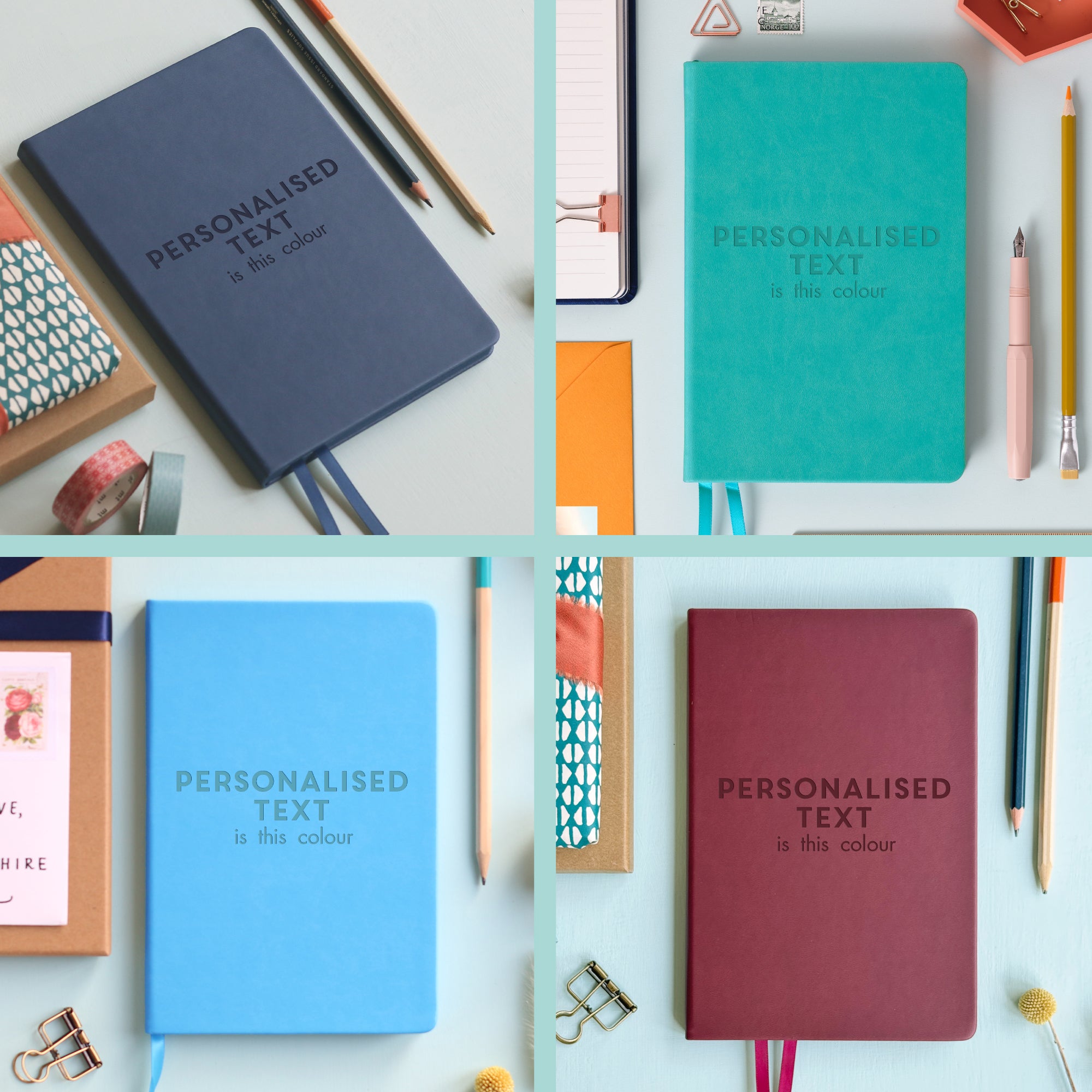 An image split into quarters. Each quarter contains a notebook image showing how the notebook will engrave in that colour.