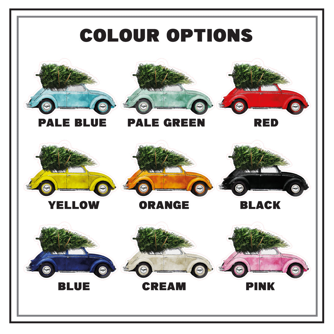 A color palette showing nine different color options for a Christmas tree-carrying car ornament. The colors include pale blue, pale green, red, yellow, orange, black, blue, cream, and pink.
