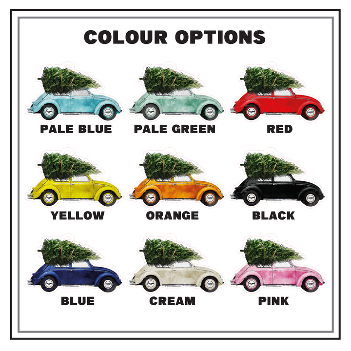 A color palette showing nine different color options for a Christmas tree-carrying car ornament. The colors include pale blue, pale green, red, yellow, orange, black, blue, cream, and pink.