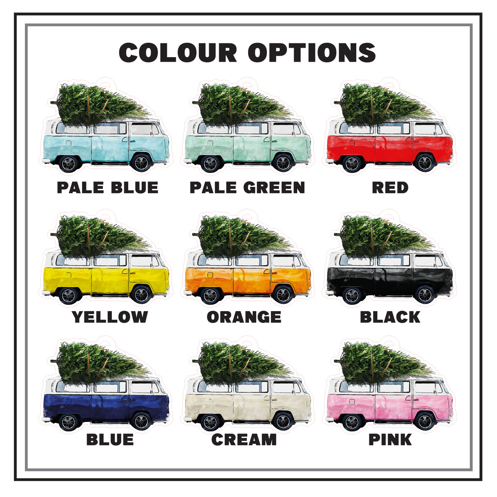 Colour options for a van with Christmas trees displayed in pale blue, pale green, ted, yellow, orange, black, blue, cream, and pink.