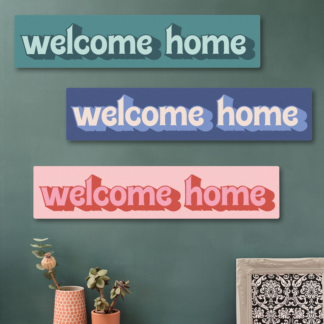 Retro typography sign for entryway saying Welcome Home in vibrant colours