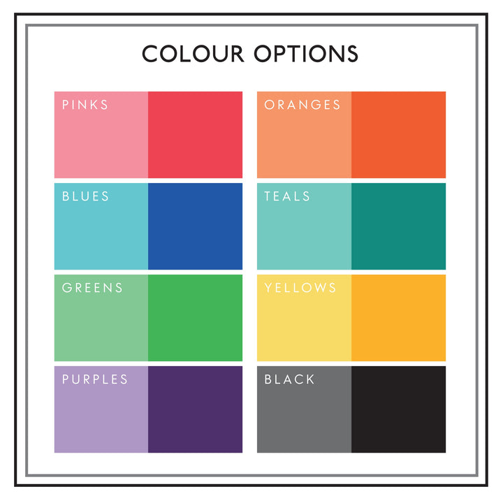 A color chart showing various shades of pink, orange, blue, teal, green, yellow, purple, and black.