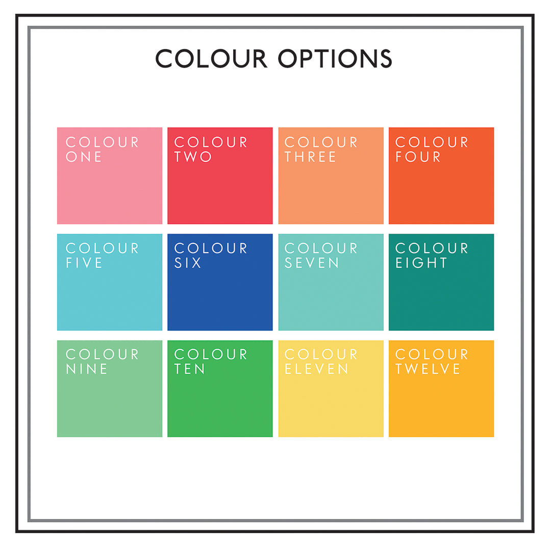A color chart showcasing twelve different color options for a product.