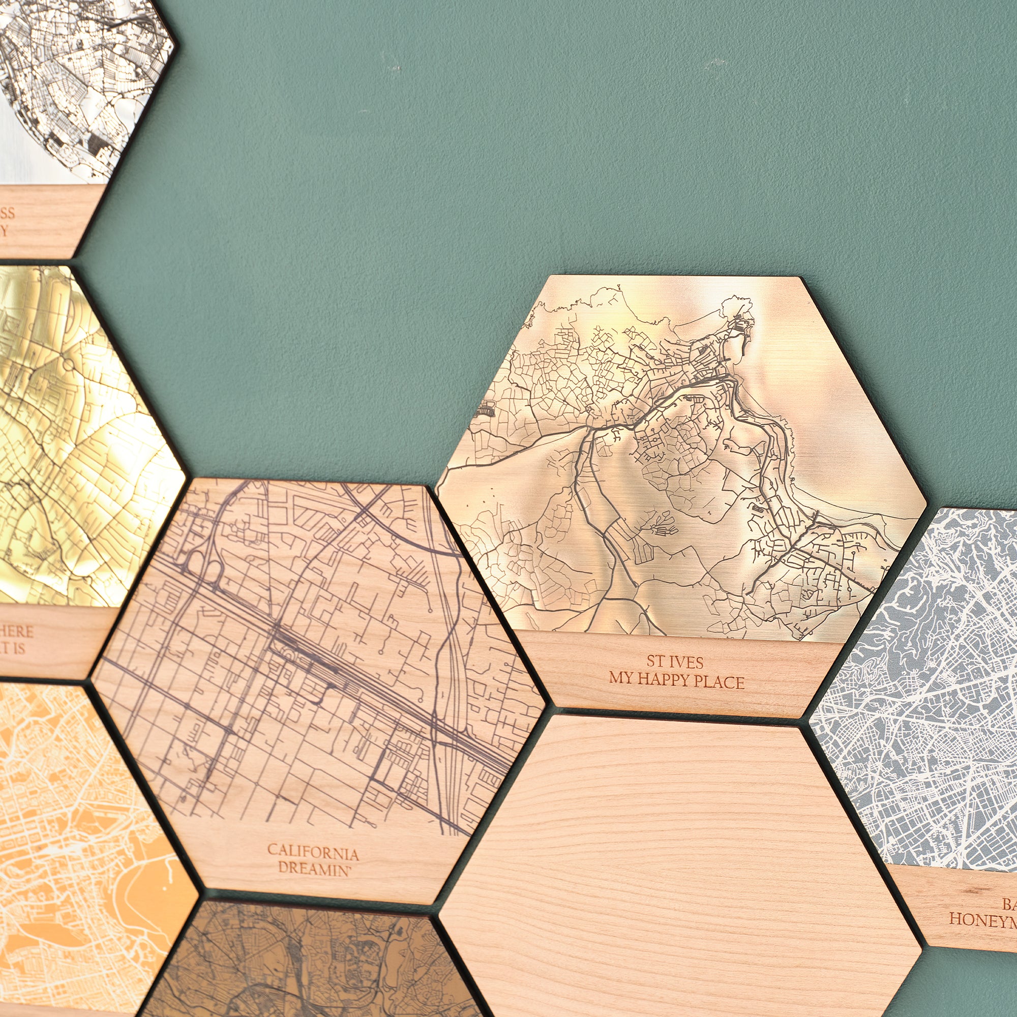 Wooden Metallic Map Hexagon Tile Wall Art