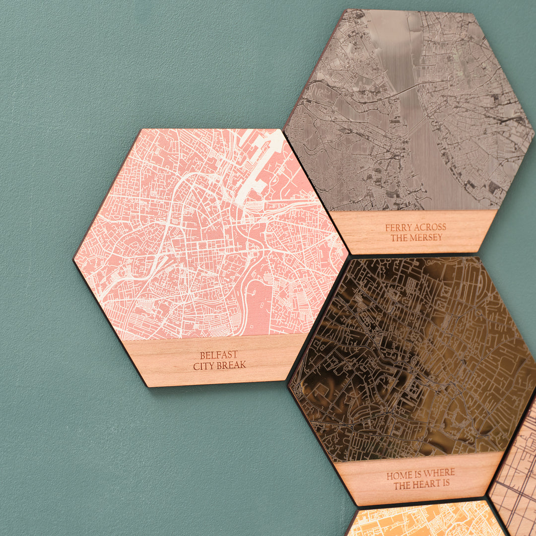 Metallic silver and shining gold and peach pink wall art print hexagonal destination location holiday commemorative gift maps. 