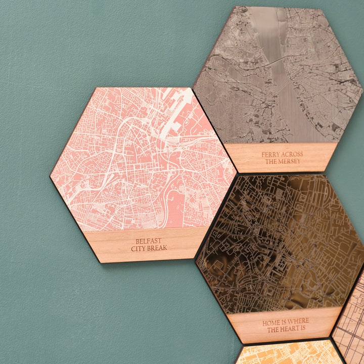 Metallic silver and shining gold and peach pink wall art print hexagonal destination location holiday commemorative gift maps. 