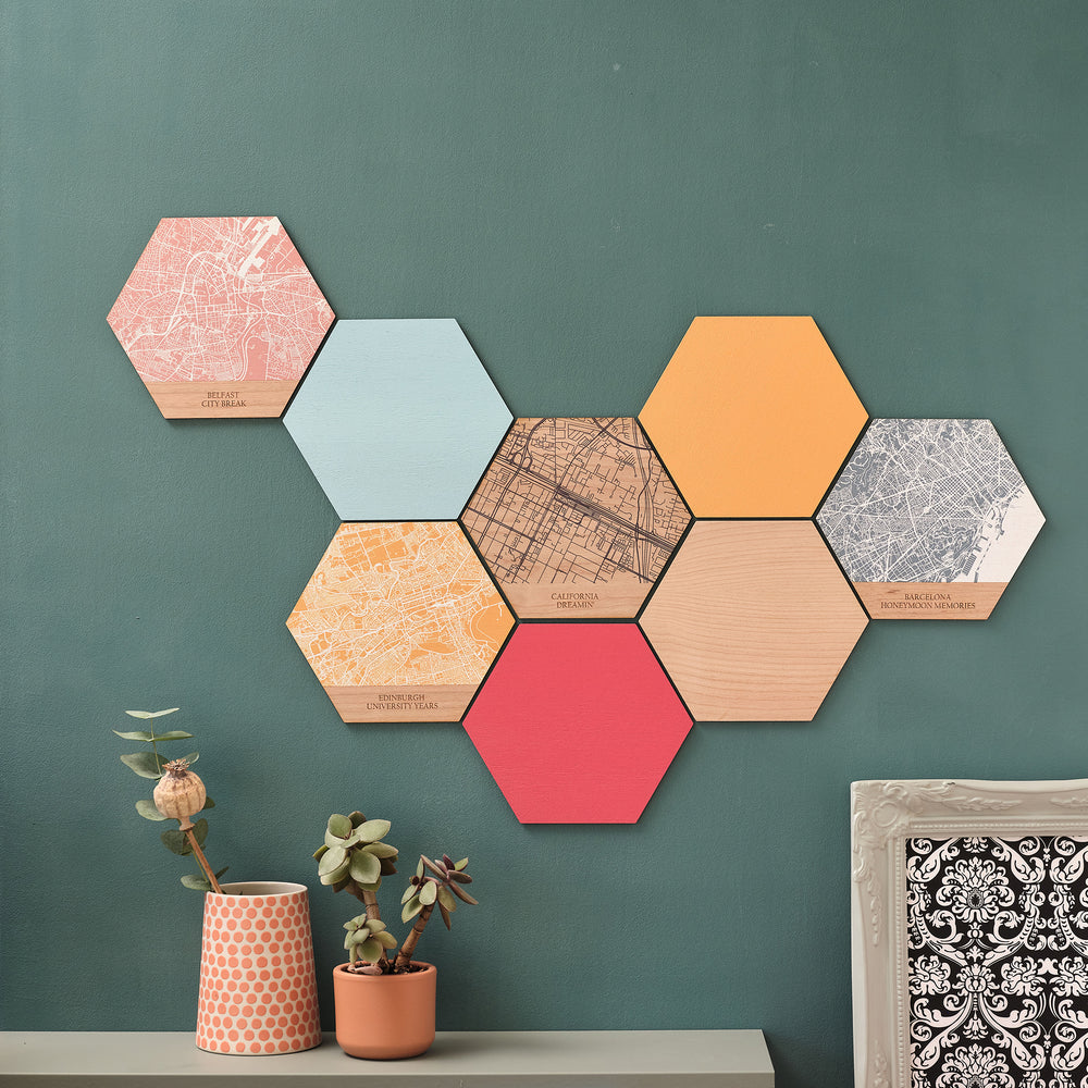 A collection of personalised location destination printed in the UK on sustainable wooden cherry veneer hexagon tiles in various colours arranged in an irregular pattern on a wall, with two small potted plants in front.