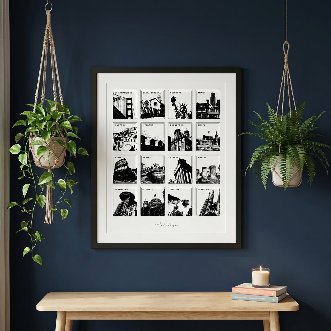 Framed black and white print on a dark blue wall with hanging plants and a wooden bench.
